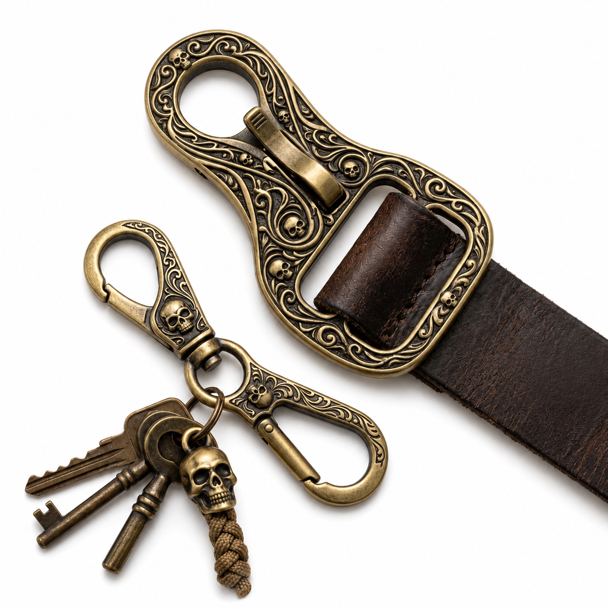 KacsvMuโข Vintage Gothic Skull Belt Clip Keychain, Antique Brass Carabiner Key Holder for Men & Women, Quick-Release Belt Loop Key Ring, Punk Western EDC Keychain for Jeans, Wallet Chain, Motorcycle, Outdoor Carry