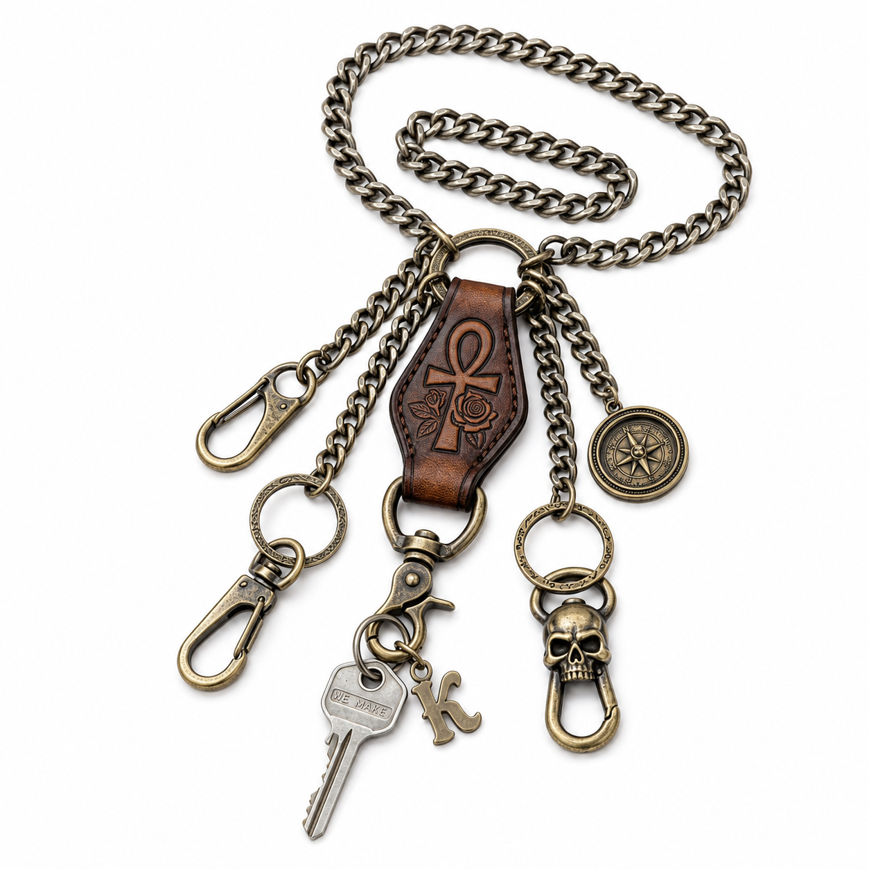 KacsvMu™ Multi-Clip Utility Chain for Men, Vintage Wallet Chain with Key Hooks, Heavy Duty Belt Chain, Gothic Punk Pants Chain, Retro Metal Keychain Chain with Leather Accent for Jeans, Bag & Everyday Carry