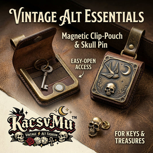 KacsvMu™ Vintage Alt Essentials Magnetic Clip-Pouch with Skull Pin, Gothic Leather-Style Mini Key Holder, Easy-Open Belt Clip Pouch for Keys, Coins & Small Treasures, Retro Punk Accessories for Daily Carry