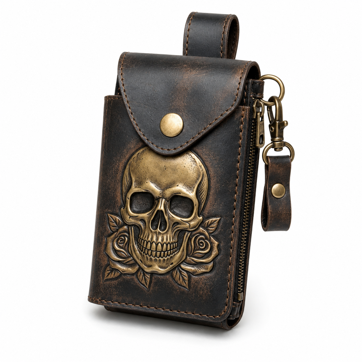 KacsvMu™ Gothic Skull Leather Belt Pouch for Men & Women, Vintage Alt-Fashion Utility Wallet with Keychain, Snap Closure, Belt Loop Clip, Card Holder, EDC Hip Bag, Punk Rock Waist Pouch