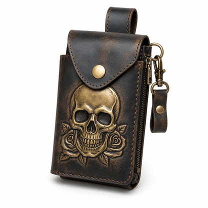 KacsvMu™ Gothic Skull Leather Belt Pouch for Men & Women, Vintage Alt-Fashion Utility Wallet with Keychain, Snap Closure, Belt Loop Clip, Card Holder, EDC Hip Bag, Punk Rock Waist Pouch