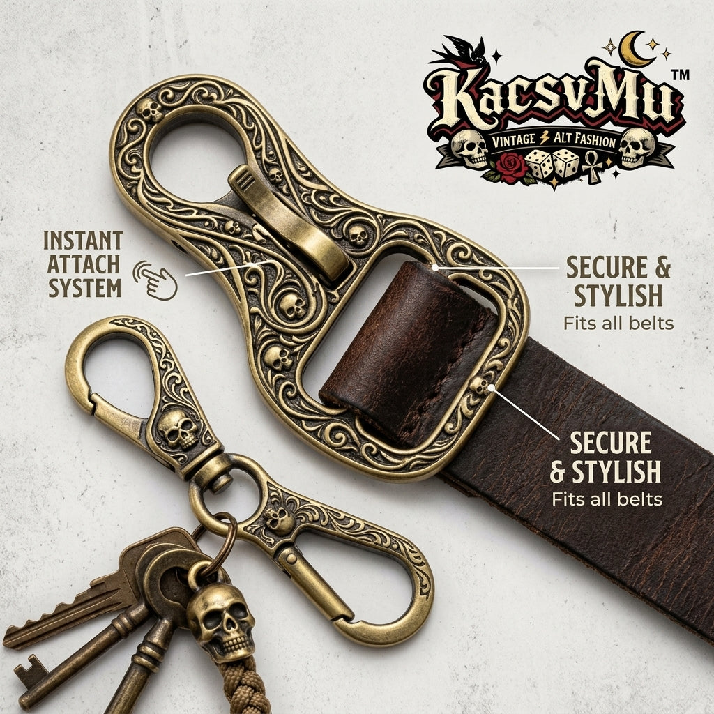 KacsvMu™ Vintage Gothic Skull Belt Clip Keychain, Antique Brass Carabiner Key Holder for Men & Women, Quick-Release Belt Loop Key Ring, Punk Western EDC Keychain for Jeans, Wallet Chain, Motorcycle, Outdoor Carry