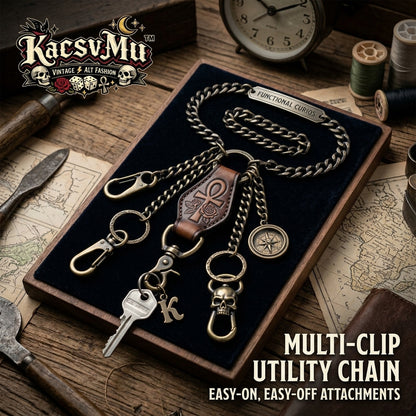 KacsvMu™ Multi-Clip Utility Chain for Men, Vintage Wallet Chain with Key Hooks, Heavy Duty Belt Chain, Gothic Punk Pants Chain, Retro Metal Keychain Chain with Leather Accent for Jeans, Bag & Everyday Carry
