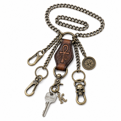 KacsvMu™ Multi-Clip Utility Chain for Men, Vintage Wallet Chain with Key Hooks, Heavy Duty Belt Chain, Gothic Punk Pants Chain, Retro Metal Keychain Chain with Leather Accent for Jeans, Bag & Everyday Carry