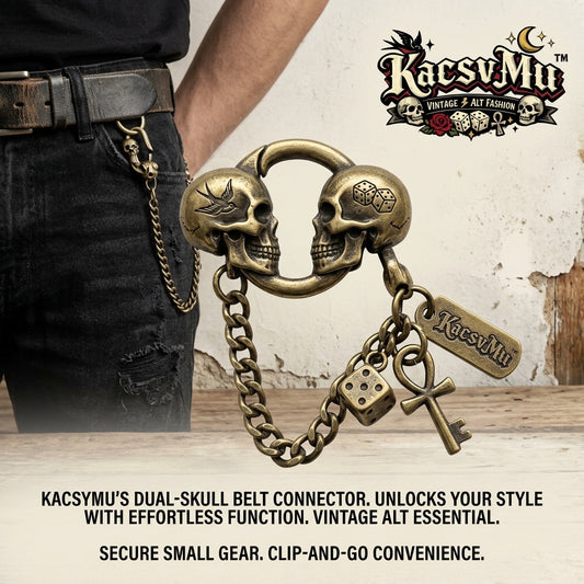 KacsvMu™ Dual-Skull Belt Connector, Vintage Gothic Belt Chain Clip with Dice, Key & Chain Charms, Punk Rock Waist Accessory for Jeans, Keys, Wallet Chains & Everyday Carry