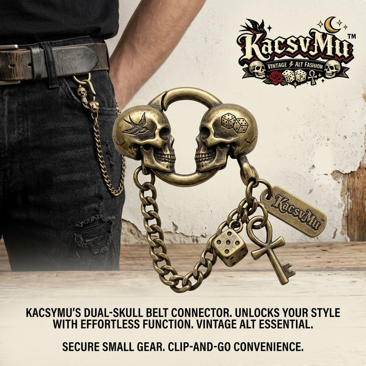 KacsvMu™ Dual-Skull Belt Connector, Vintage Gothic Belt Chain Clip with Dice, Key & Chain Charms, Punk Rock Waist Accessory for Jeans, Keys, Wallet Chains & Everyday Carry