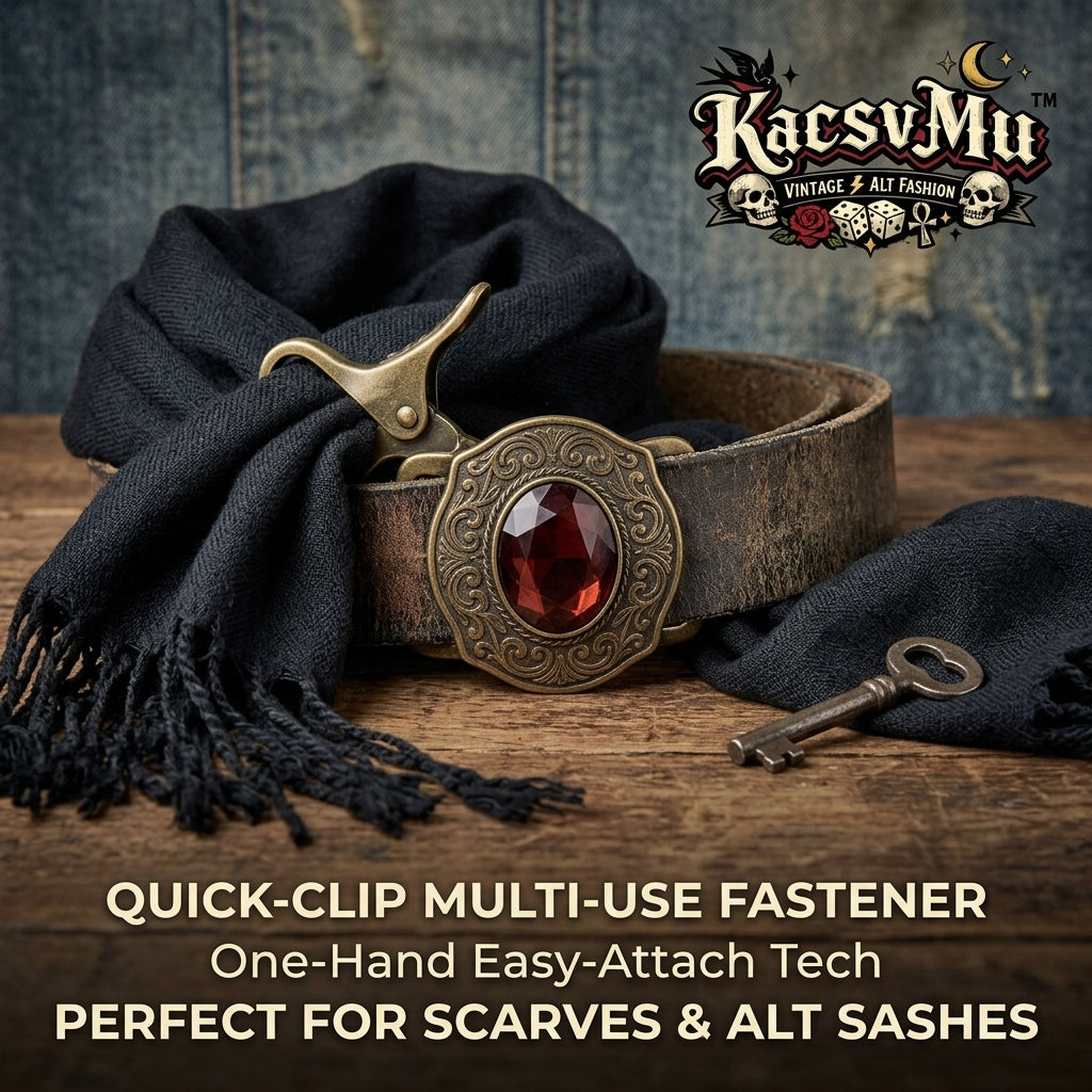 KacsvMu™ Quick-Clip Multi-Use Fastener, Vintage Gothic Scarf Clip for Women & Men, One-Hand Easy-Attach Sash Buckle, Alt Fashion Wrap Holder, Retro Belt Accent with Red Gemstone Look