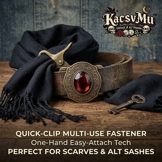 KacsvMu™ Quick-Clip Multi-Use Fastener, Vintage Gothic Scarf Clip for Women & Men, One-Hand Easy-Attach Sash Buckle, Alt Fashion Wrap Holder, Retro Belt Accent with Red Gemstone Look