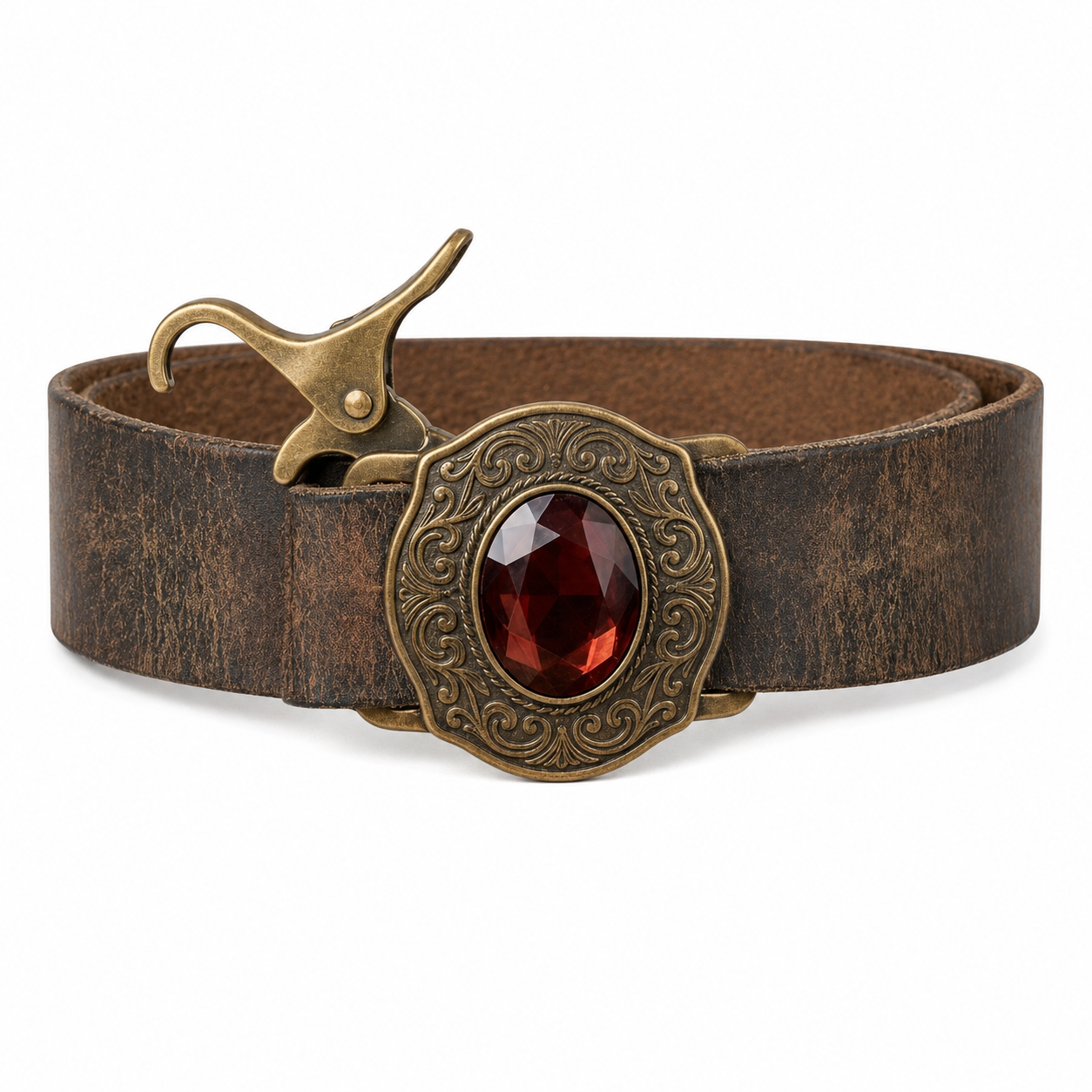 KacsvMu™ Quick-Clip Multi-Use Fastener, Vintage Gothic Scarf Clip for Women & Men, One-Hand Easy-Attach Sash Buckle, Alt Fashion Wrap Holder, Retro Belt Accent with Red Gemstone Look